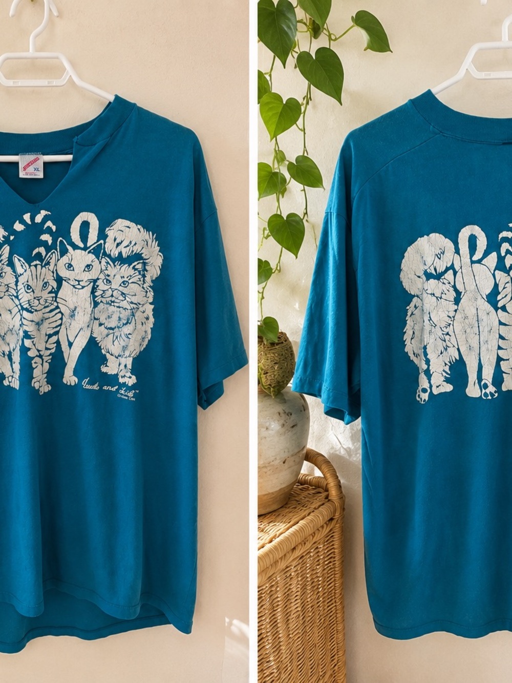 Vintage Jerzees Cat Graphic Tee Front & Back Print